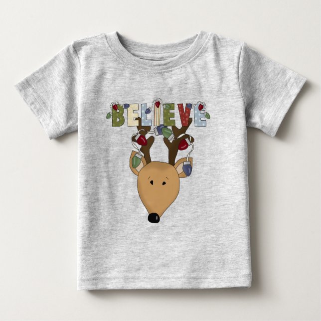 Reindeer Believe Holiday Christmas Cute Baby T-Shirt (Front)