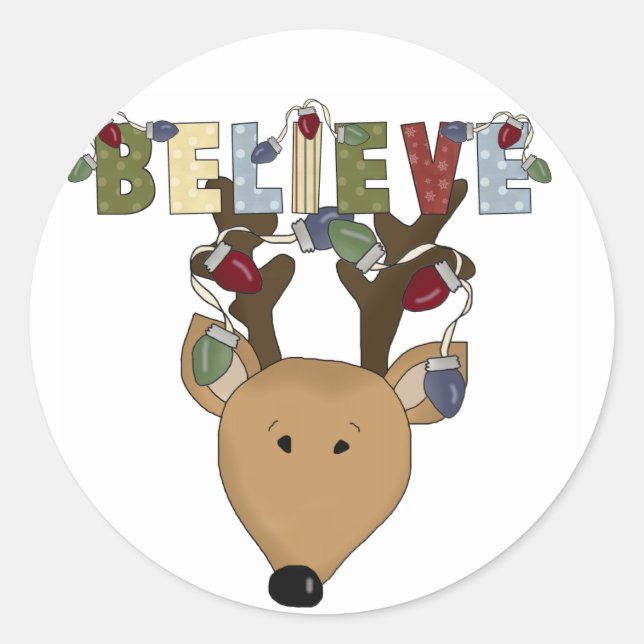 Reindeer Believe Holiday Tshirts and Gifts Classic Round Sticker (Front)