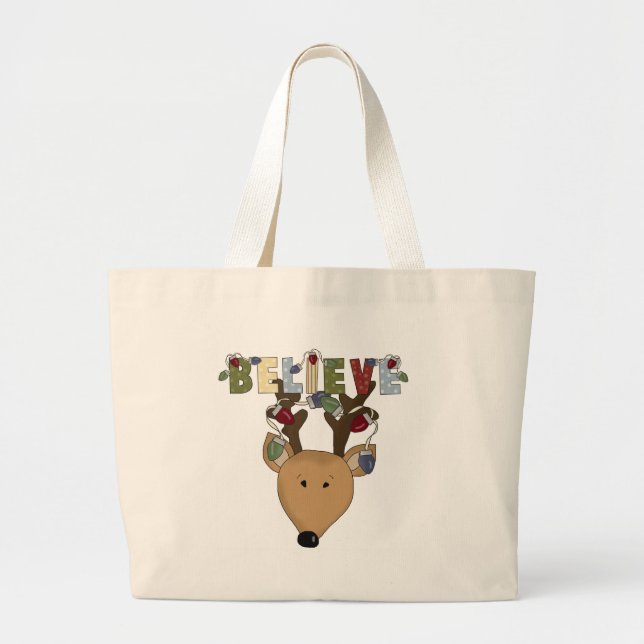 Reindeer Believe Holiday Tshirts and Gifts Large Tote Bag (Front)