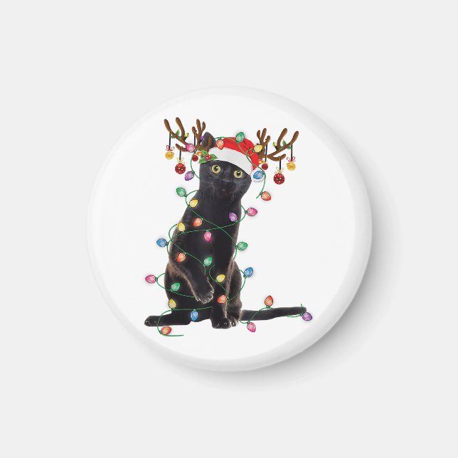 Reindeer Black Cat Christmas Lights Funny Cat Love Magnet (Front)