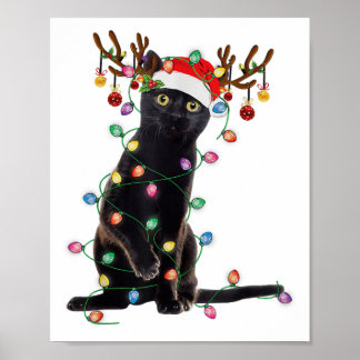 Reindeer Black Cat Christmas Lights Funny Cat Love Poster