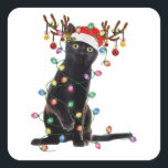 Reindeer Black Cat Christmas Lights Funny Cat Love Square Sticker<br><div class="desc">Reindeer Black Cat Christmas Lights Funny Cat Lover Gifts</div>