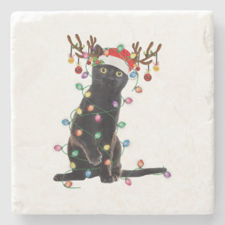 Reindeer Black Cat Christmas Lights Funny Cat Love Stone Coaster