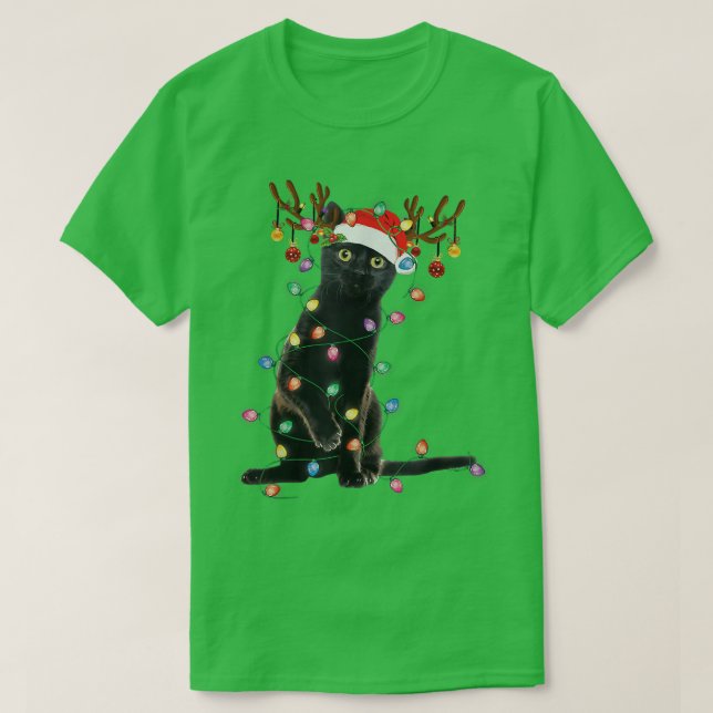 Reindeer Black Cat Christmas Lights Funny Cat Love T-Shirt (Design Front)
