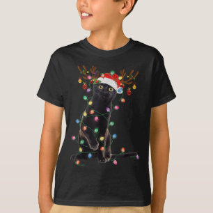 Reindeer Black Cat Christmas Lights Funny Cat Love T-Shirt