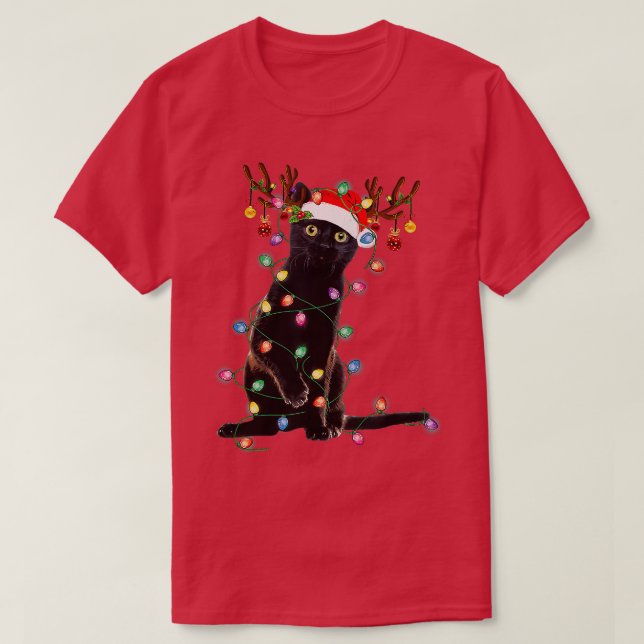 Reindeer Black Cat Christmas Lights Funny Cat Love T-Shirt (Design Front)