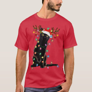 Reindeer Black Cat Christmas Lights Funny Cat Love T-Shirt