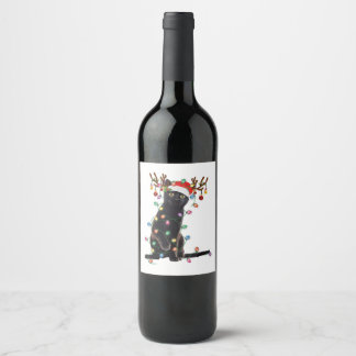 Reindeer Black Cat Christmas Lights Funny Cat Love Wine Label