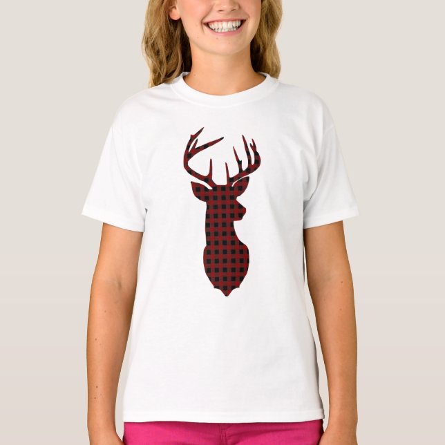 Reindeer Buffalo Plaid Family Christmas T-Shirt (Front)