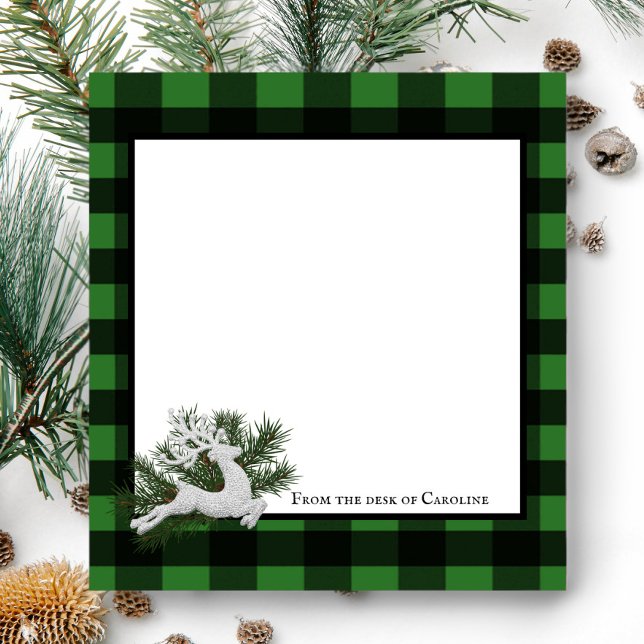 Reindeer Buffalo Plaid Personalised | Black Green Notepad (Black and Green Reindeer Buffalo Plaid Personalized Notepad)