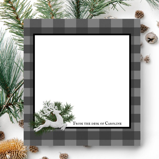 Reindeer Buffalo Plaid Personalised | Grey Notepad (Gray Reindeer Buffalo Plaid Personalized Notepad)