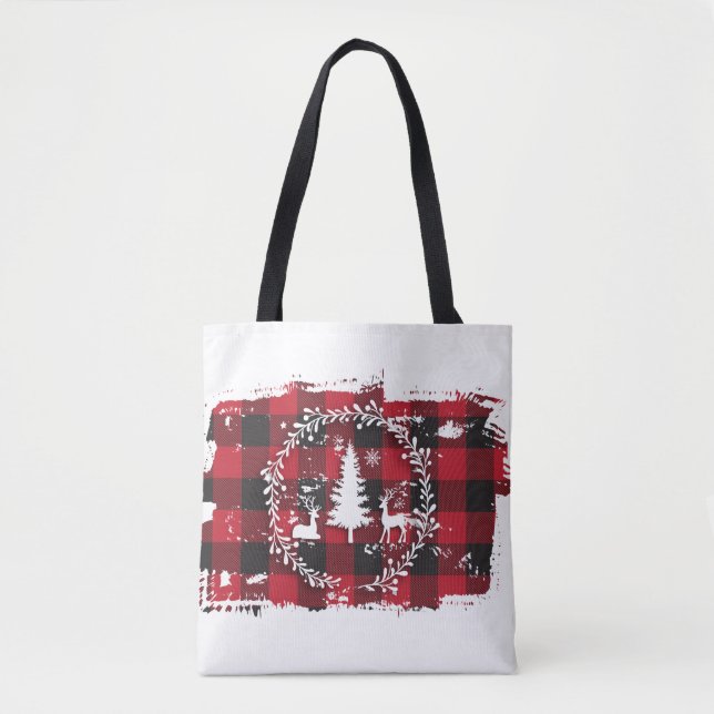 Reindeer & Buffalo Plaid Tote Bag (Front)