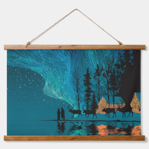 Reindeer, cabin, Northern Lights by a winter lake Hanging Tapestry