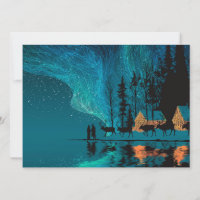 Reindeer, cabin, Northern Lights by a winter lake