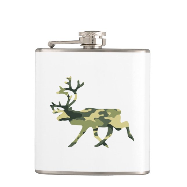 Reindeer / Caribou Woodland Camouflage / Camo Hip Flask (Front)