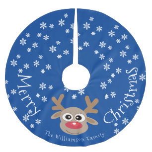 Reindeer Cartoon Christmas Blue White Snowflakes Brushed Polyester Tree Skirt