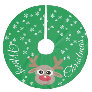 Reindeer Cartoon Christmas Green White Snowflakes Brushed Polyester Tree Skirt