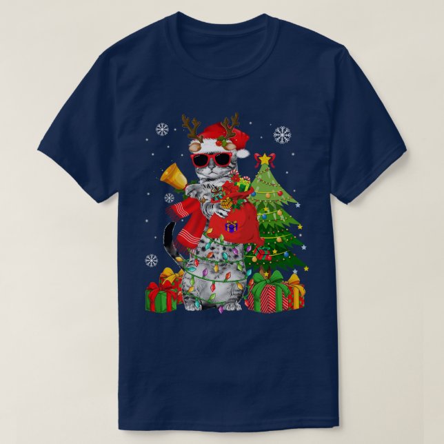 Reindeer Cat Christmas Lights Funny Cat Lover Gift T-Shirt (Design Front)