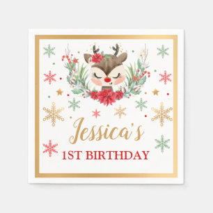 Reindeer Christmas 1st Birthday Red Winter Deer Napkin