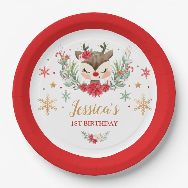 Reindeer Christmas 1st Birthday Red Winter Deer Paper Plate (Front)