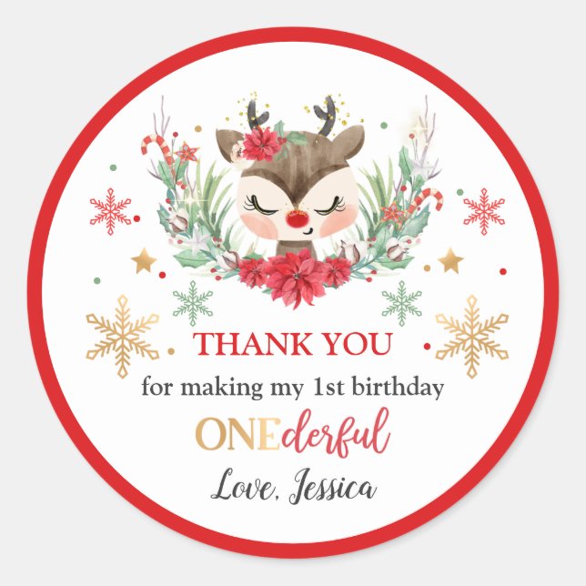 Reindeer Christmas 1st Birthday Winter Deer Favour Classic Round Sticker (Front)