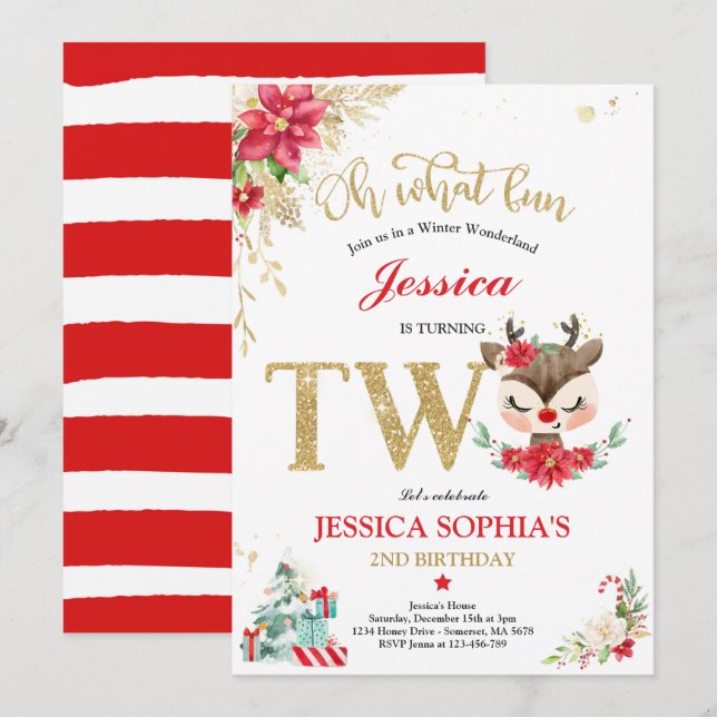Reindeer Christmas 2nd Birthday Red Winter Deer Invitation (Front/Back)