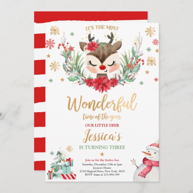 Reindeer Christmas Birthday Party Red Winter Deer Invitation (Front/Back)