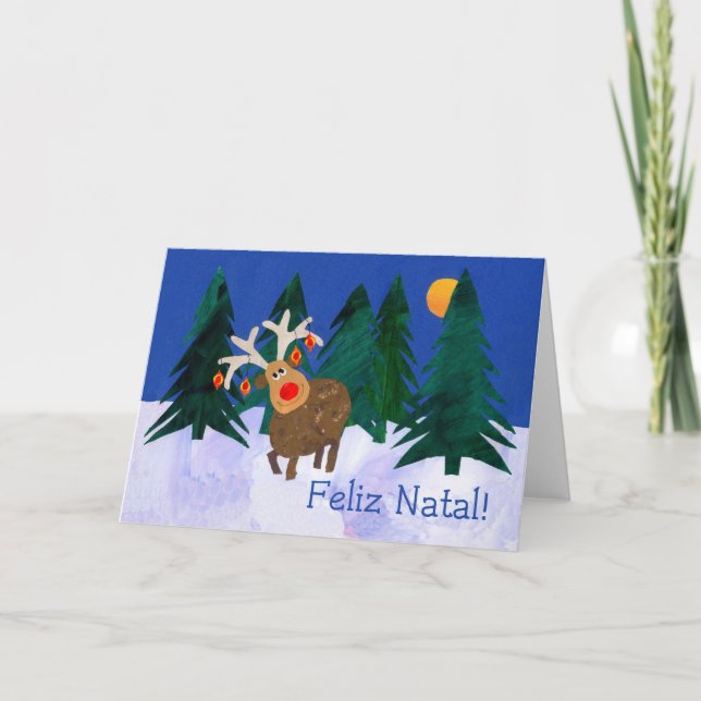 'Reindeer' Christmas Card with Portuguese Greeting (Front)