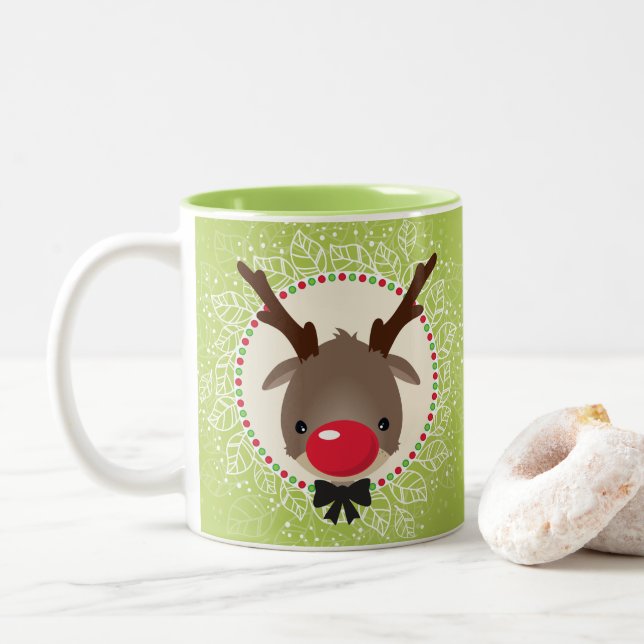 REINDEER CHRISTMAS cute red nose rudolph green Two-Tone Coffee Mug (With Donut)