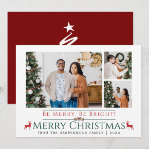Reindeer Christmas holidays Script Family 3 Photo Holiday Card