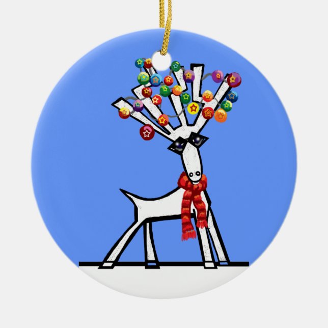 Reindeer Christmas lights Ceramic Tree Decoration (Front)