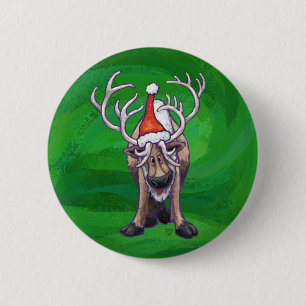 Reindeer Christmas On Green 6 Cm Round Badge
