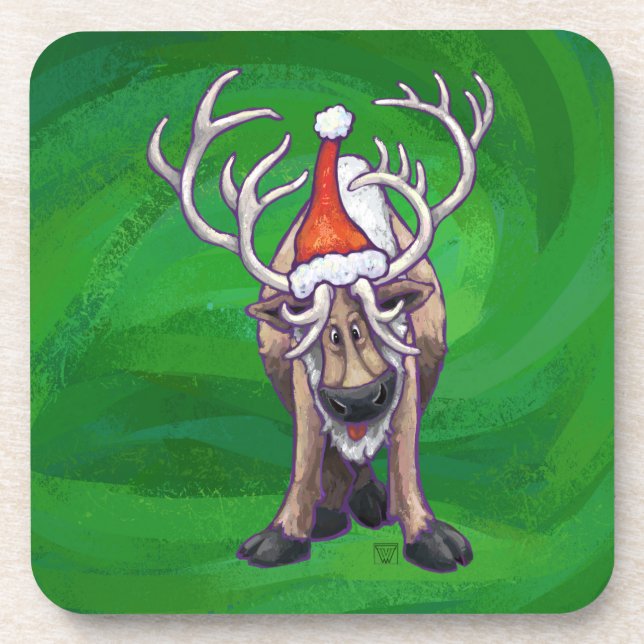 Reindeer Christmas On Green Coaster (Front)