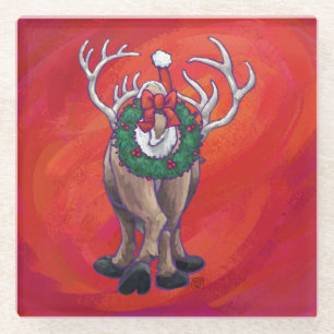 Reindeer Christmas On Green Glass Coaster