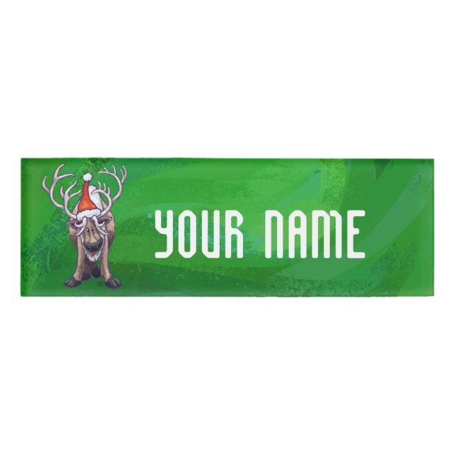 Reindeer Christmas On Green Name Tag (Front)