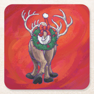 Reindeer Christmas On Green Square Paper Coaster