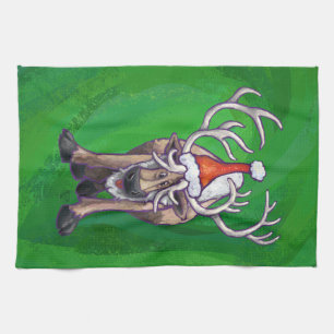 Reindeer Christmas On Green Tea Towel