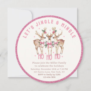 Reindeer Christmas Party Pink Bow Sparkle Invitation