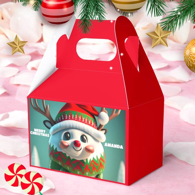 Reindeer Christmas Personalised Kids Party Red Favour Box (Creator Uploaded)