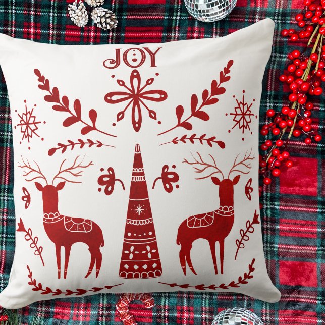 Reindeer Christmas Red and White Nordic Watercolor Cushion (Reindeer Christmas Red and White Nordic Watercolor Throw Pillow)
