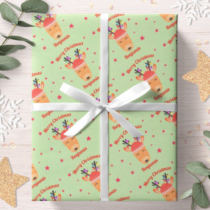 Reindeer Christmas Red Green Name Personalised Wrapping Paper