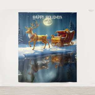 Reindeer Christmas Sleigh Holiday Backdrop Tapestry