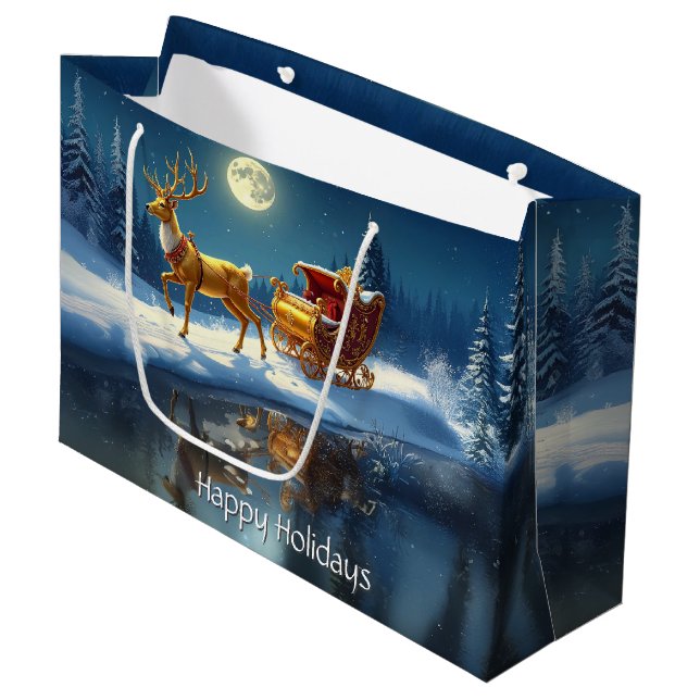 Reindeer Christmas Sleigh Holiday Gift Bag (Front Angled)