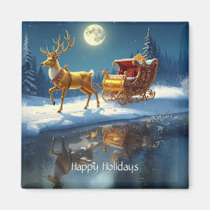 Reindeer Christmas Sleigh Holiday Magnet