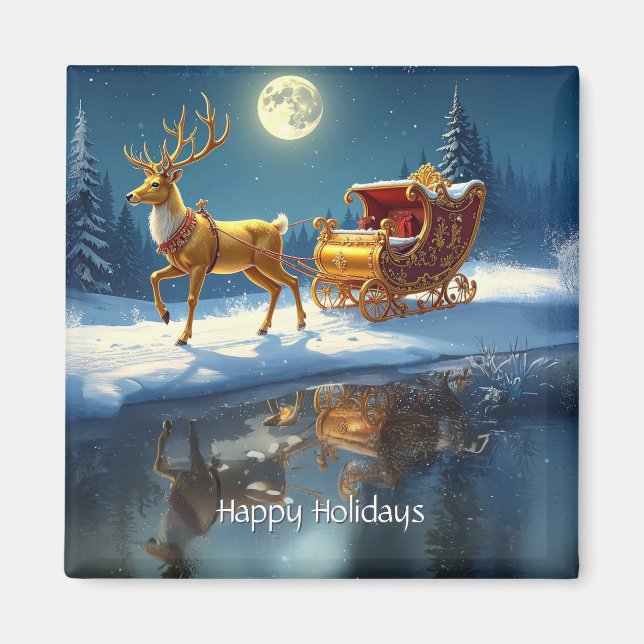 Reindeer Christmas Sleigh Holiday Magnet (Front)