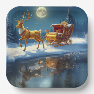 Reindeer Christmas Sleigh Holiday Paper Plate