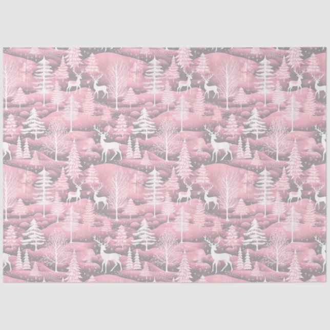Reindeer Christmas Trees Pink Pattern Christmas Tissue Paper (Front)