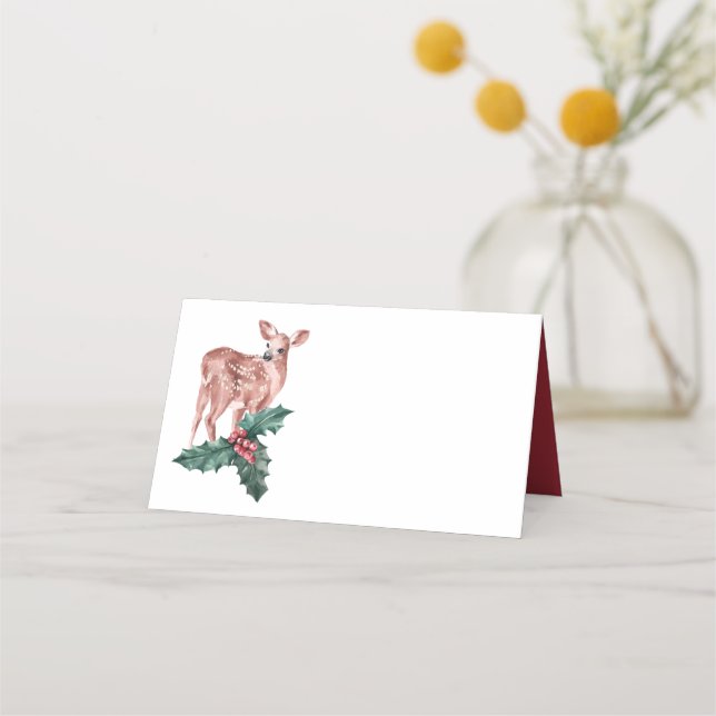 Reindeer Christmas Winter Red Wedding Deer Floral Place Card (Front)