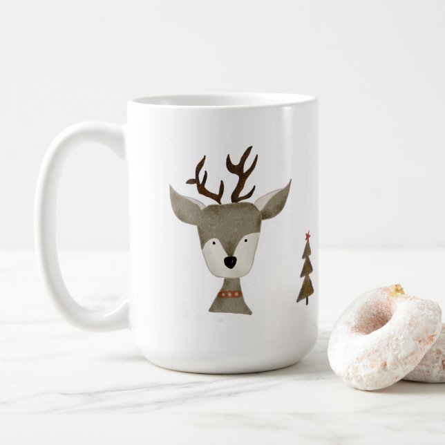 Reindeer Coffee Mug | Holiday | 15 oz | Ceramic (With Donut)