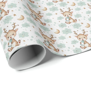Reindeer Cute Baby Pastel Watercolor Pattern Wrapping Paper
